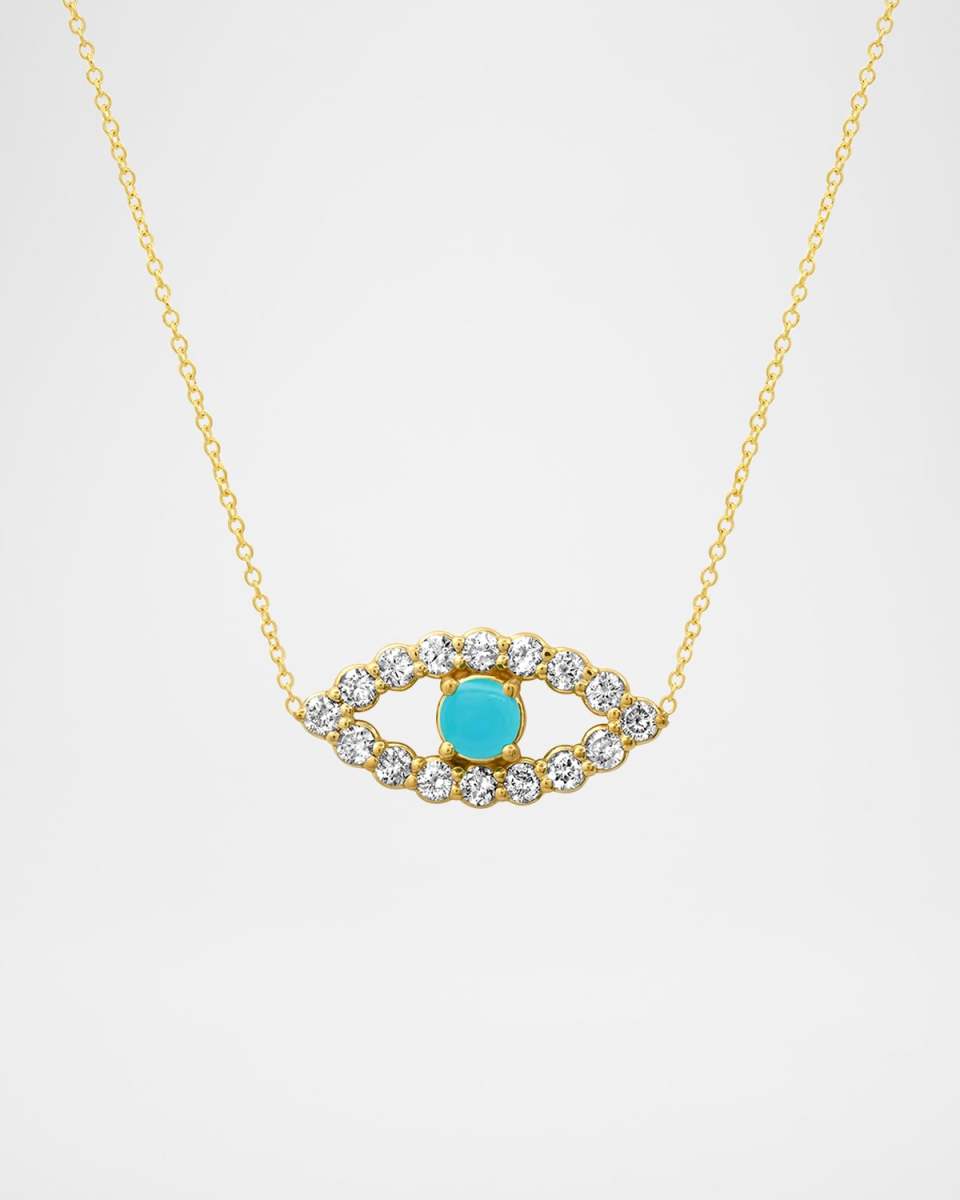 18K Yellow Gold Medium Open Evil Eye Necklace with Turquoise and Diamonds